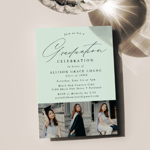 Elegant Mint Green 3 Photo Graduation Party Invitation