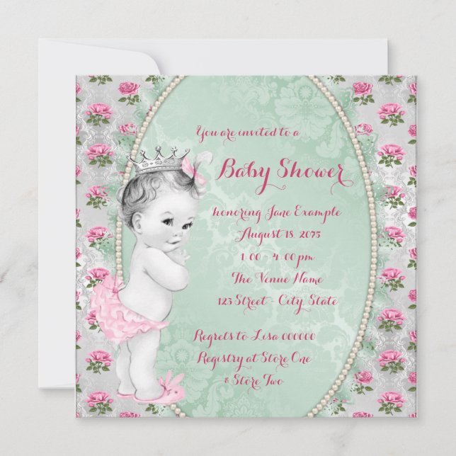 Elegant Mint Green and Pink Baby Girl Shower Invitation (Front)