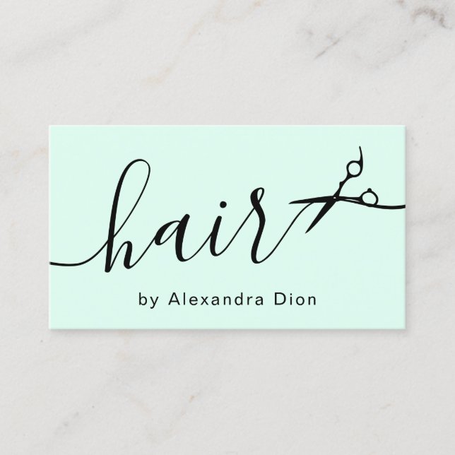 Elegant mint green & black scissors hairstylist business card (Front)