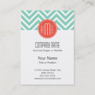 Elegant Mint Green Chevron and Orange Monogram Business Card