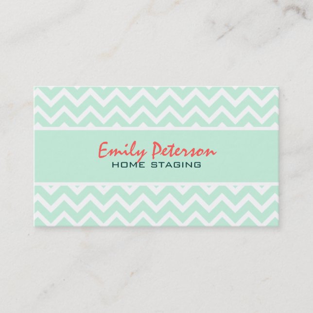 Elegant Mint Green Chevron And White Background Business Card (Front)