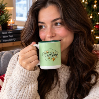 Elegant Mint Green Christmas Mug, Vintage Gold Hol Two-Tone Coffee Mug