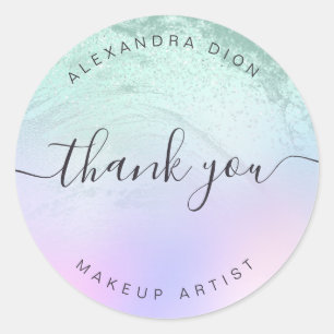 Elegant mint green glitter marble makeup artist classic round sticker