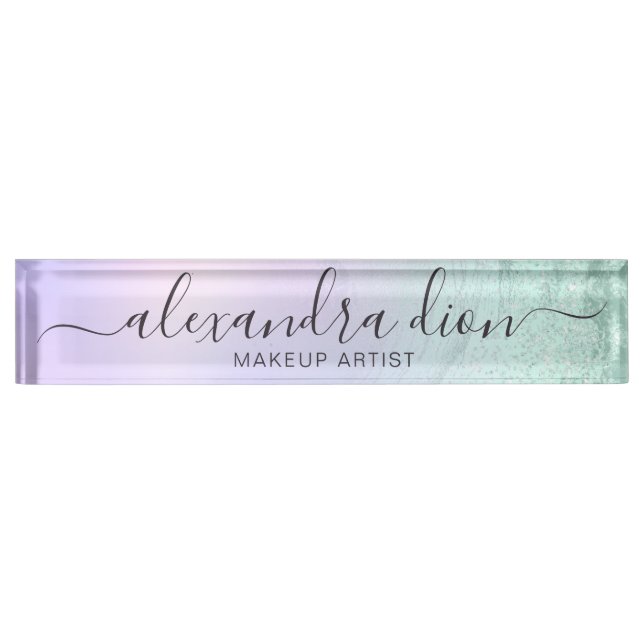 Elegant mint green glitter marble makeup artist nameplate (Front)