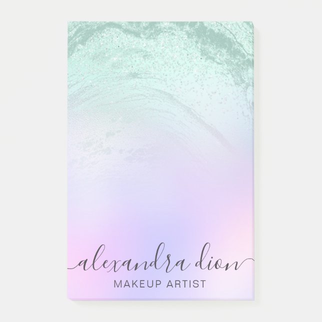 Elegant mint green glitter marble makeup artist post-it notes (Front)