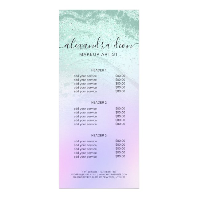 Elegant mint green glitter marble makeup artist rack card (Front)