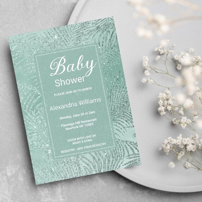 Elegant mint green glitter palm tree Baby Shower Invitation (Elegant mint green glitter palm tree Baby Shower)
