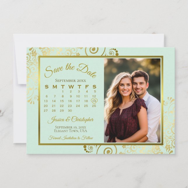 Elegant Mint Green & Gold Calendar Photo Wedding Save The Date (Front)