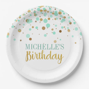 Elegant Mint Green Gold Confetti Girl Birthday Paper Plate