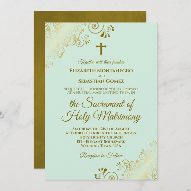 Elegant Mint Green & Gold Modern Catholic Wedding Invitation (Front/Back)