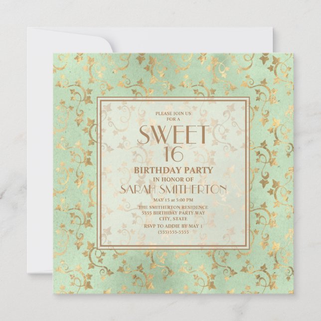 Elegant Mint Green Gold Sweet 16 Invitation (Front)