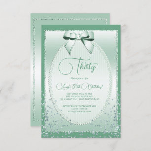 Elegant Mint Green Jeweled Bow & Confetti Birthday Invitation