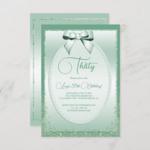 Elegant Mint Green Jeweled Bow & Glitter Birthday Invitation