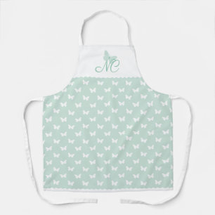 Elegant Mint Green Monogram Butterfly Pattern Apron