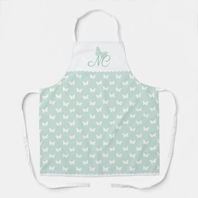 Elegant Mint Green Monogram Butterfly Pattern Apron (Front)