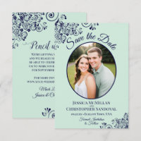 Elegant Mint Green & Navy Blue Oval Photo Wedding
