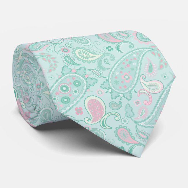 Elegant Mint Green & Pink Floral Paisley Tie (Rolled)