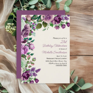Elegant Mint Green Purple Floral 21st Birthday Invitation