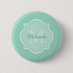 Elegant Mint Green Quatrefoil Monogram With Name 6 Cm Round Badge