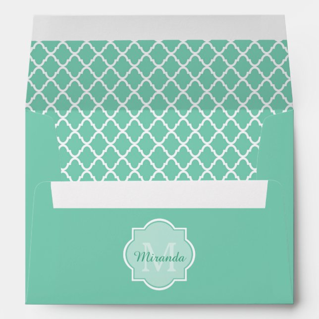 Elegant Mint Green Quatrefoil Monogram With Name Envelope (Back (Bottom))