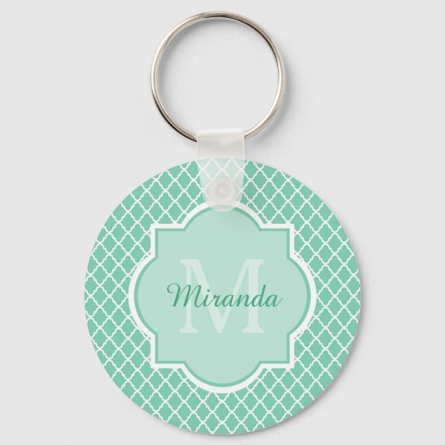 Elegant Mint Green Quatrefoil Monogram With Name Key Ring (Front)