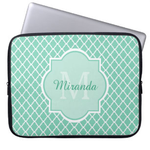 Elegant Mint Green Quatrefoil Monogram With Name Laptop Sleeve