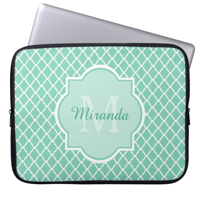 Elegant Mint Green Quatrefoil Monogram With Name Laptop Sleeve (Front)