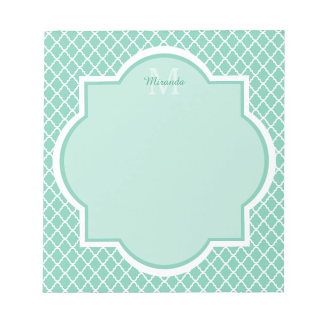 Elegant Mint Green Quatrefoil Monogram With Name Notepad (Front)