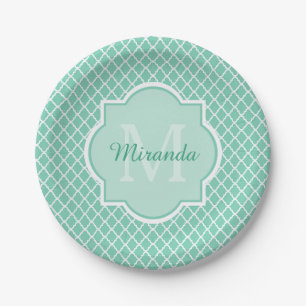 Elegant Mint Green Quatrefoil Monogram With Name Paper Plate