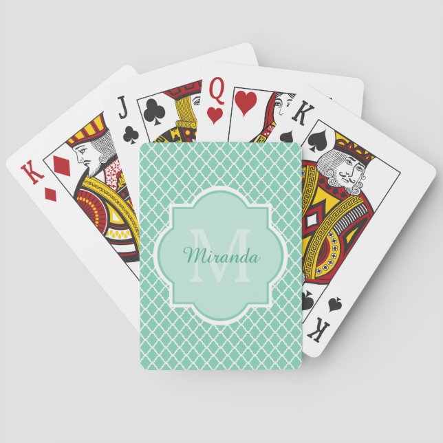 Elegant Mint Green Quatrefoil Monogram With Name Playing Cards (Back)