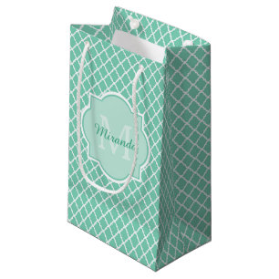 Elegant Mint Green Quatrefoil Monogram With Name Small Gift Bag