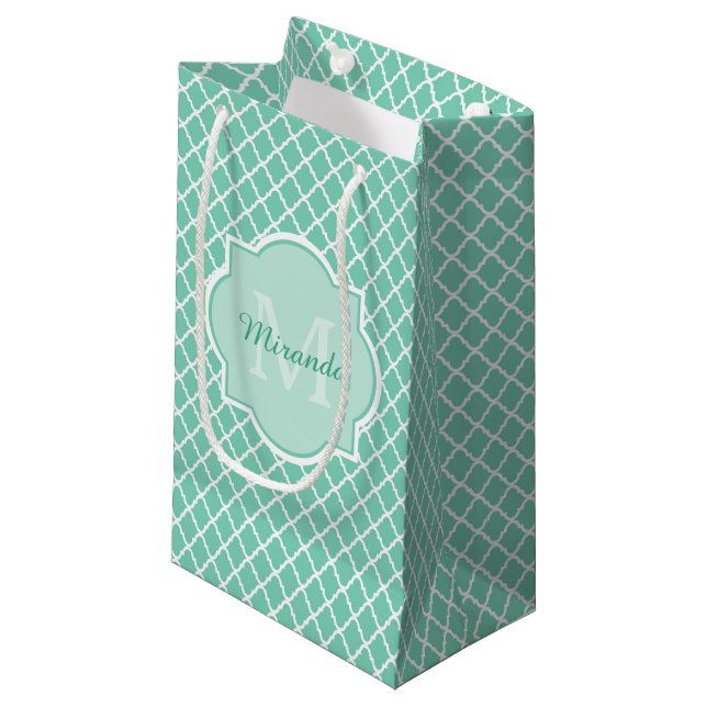 Elegant Mint Green Quatrefoil Monogram With Name Small Gift Bag (Front Angled)