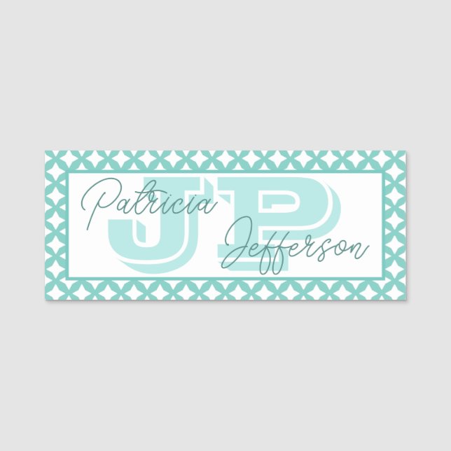 Elegant Mint Green Seamless Mesh Monogram Name Tag (Front)