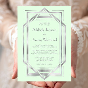 Elegant Mint Green Silver Vintage Deco Wedding Invitation