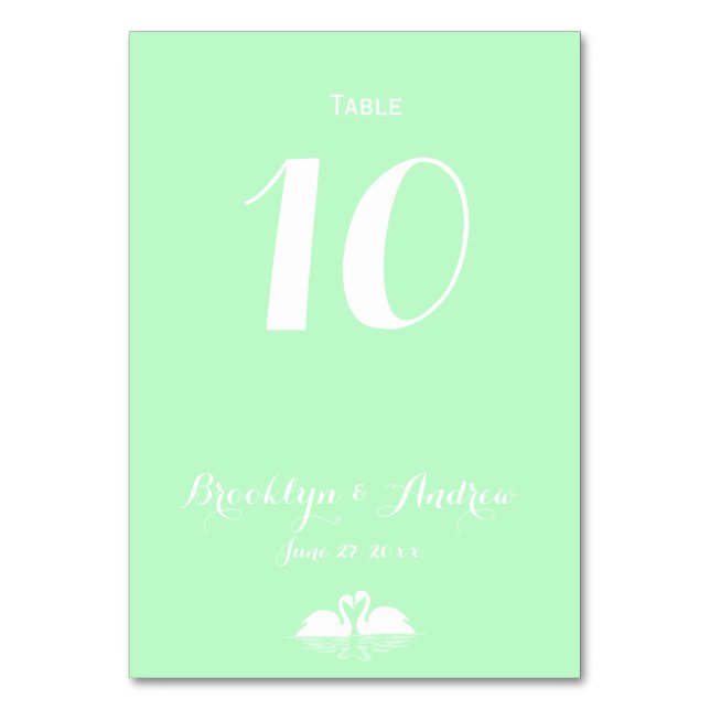 Elegant Mint Green Swan Wedding Table Numbers (Front)