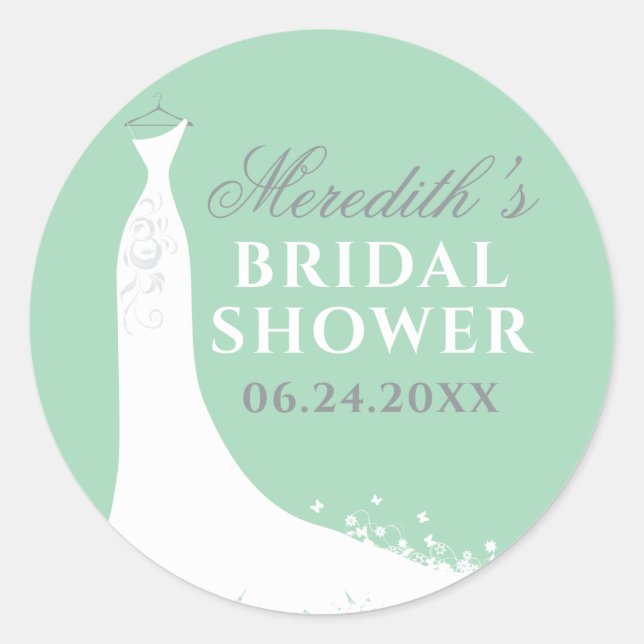 Elegant Mint Green Wedding Gown Bridal Shower Classic Round Sticker (Front)