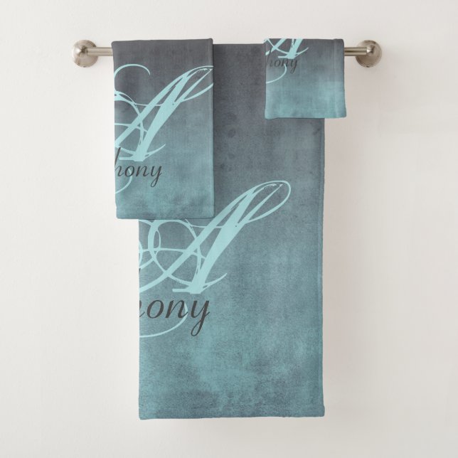 Elegant Mint Grey Black rustic monogram Bath Towel Set (Insitu)