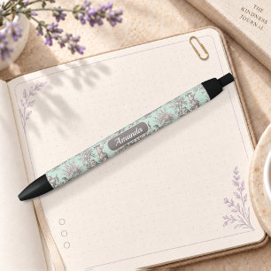 Elegant Mint Grey Vintage French Toile de Jouy Black Ink Pen