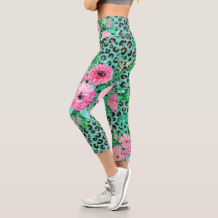 Elegant Mint Leopard Print and Floral Design Capri Leggings