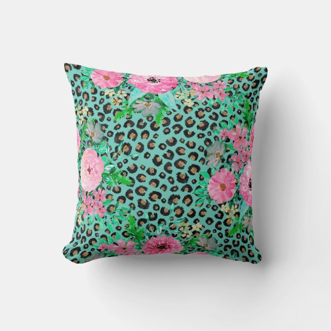 Elegant Mint Leopard Print and Floral Design Cushion (Front)