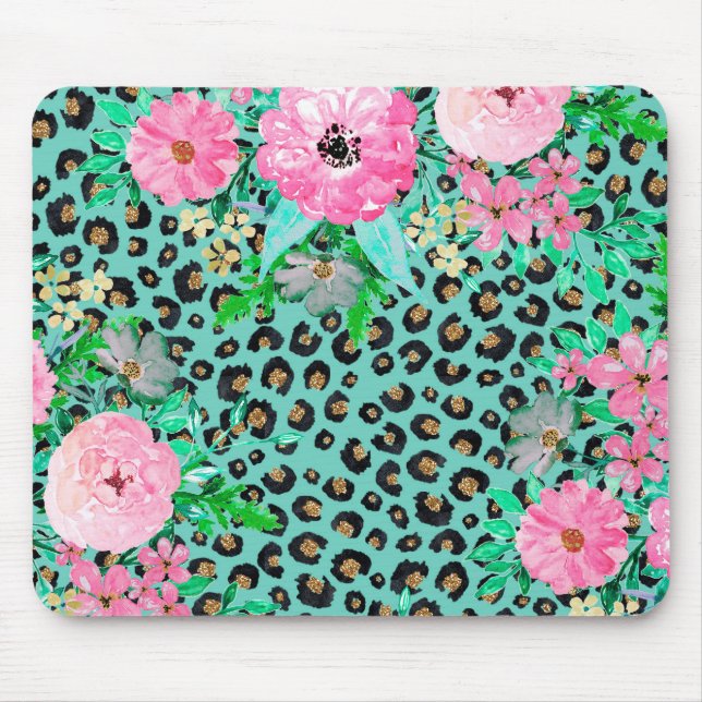 Elegant Mint Leopard Print and Floral Design Mouse Pad (Front)