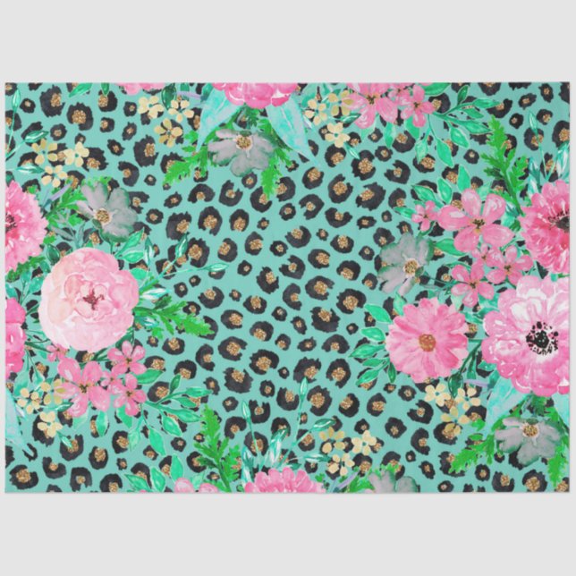 Elegant Mint Leopard Print and Floral Design Tissue Paper (Front)