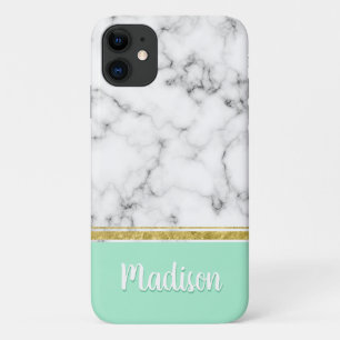 Elegant Mint Marble and Gold Custom Name iPhone 11 Case