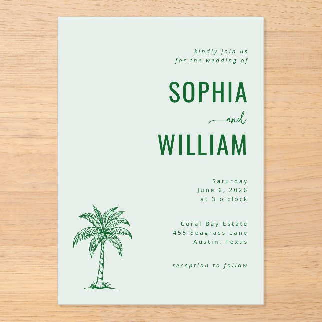 Elegant Mint Palm Tree Acrylic Invitations (Front)