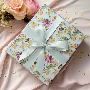 Elegant Mint Queen Bee, Honeycomb & Flowers  Wrapping Paper