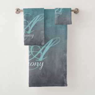 Elegant Mint Teal Grey rustic monogram Bath Towel Set