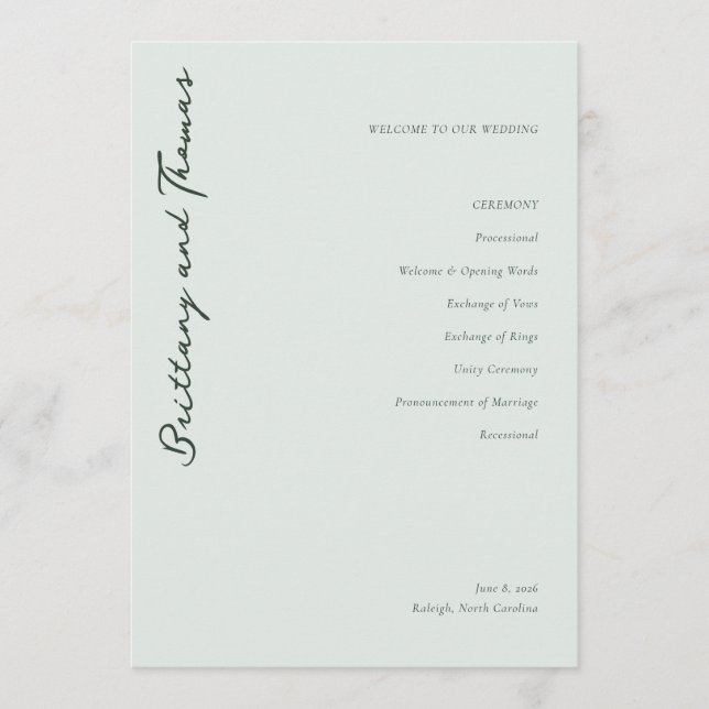 Elegant Mint Wedding Ceremony Program (Front)