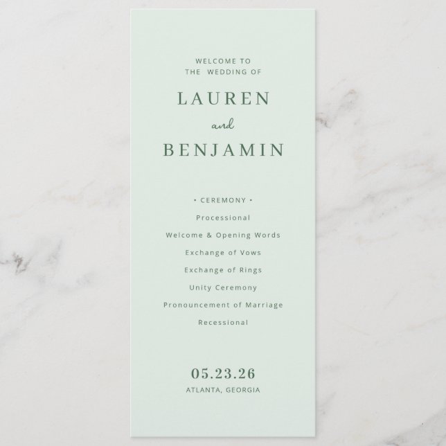 Elegant Mint Wedding Ceremony Program (Front)