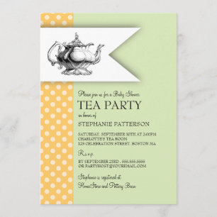 Elegant Mint Yellow Polkadot Baby Shower Tea Party Invitation