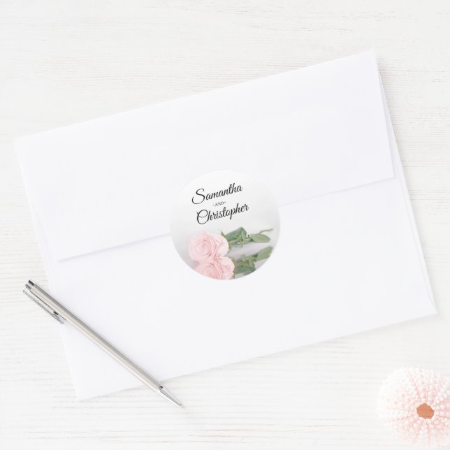 Elegant Mirrored Blush Pink Rose Wedding Classic Round Sticker (Envelope)